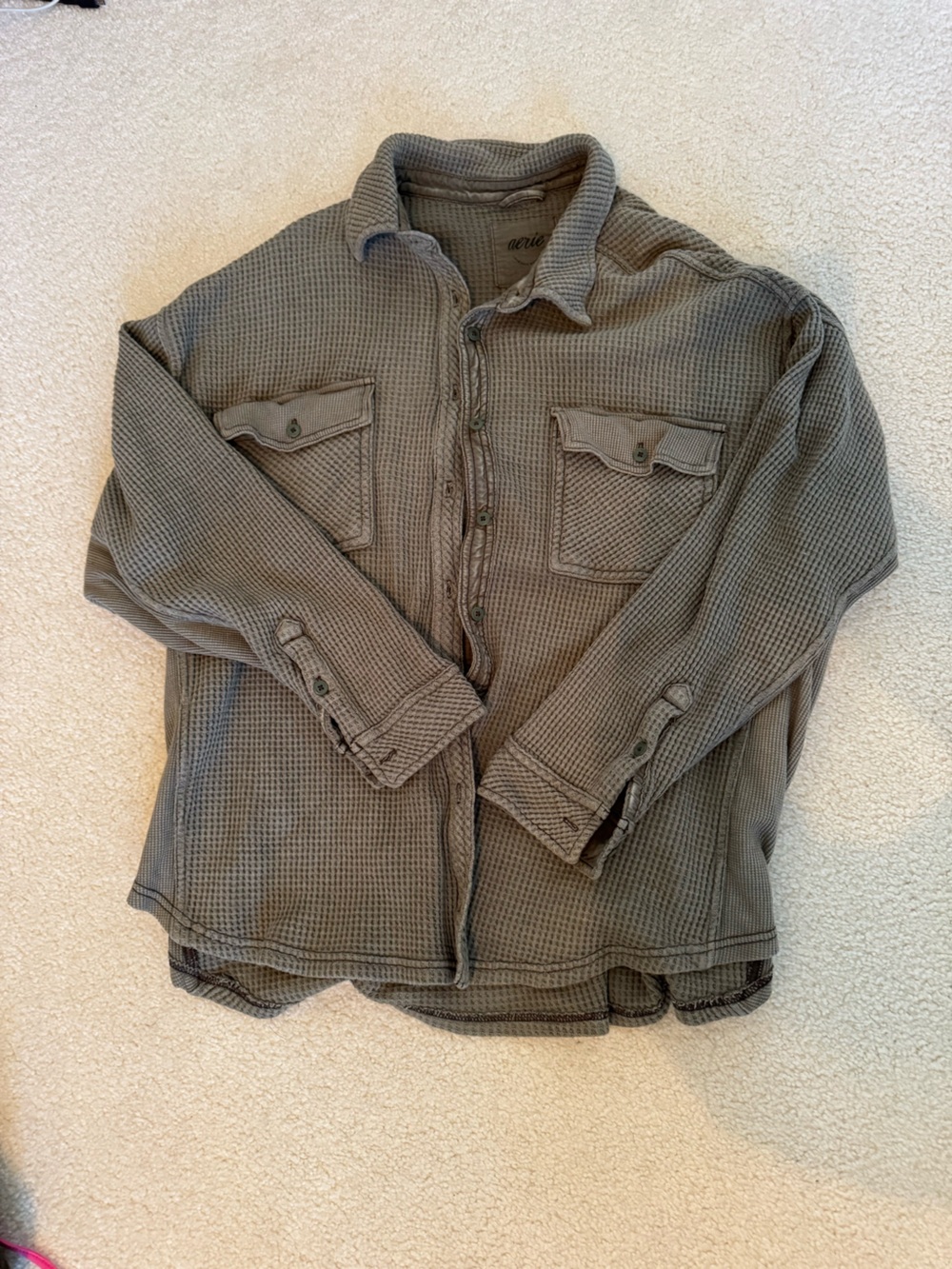 aerie Olive Green Waffle-Knit Shirt Jacket